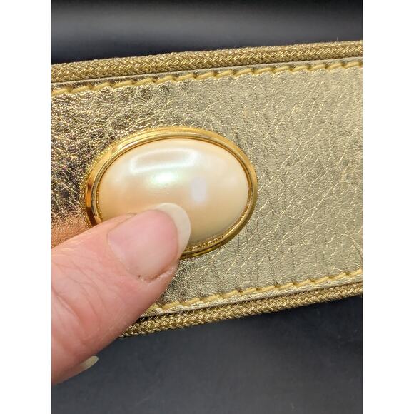 Vintage ESCADA Gold Metallic Leather Belt Western Germany Faux Pearl Lrg Buckle